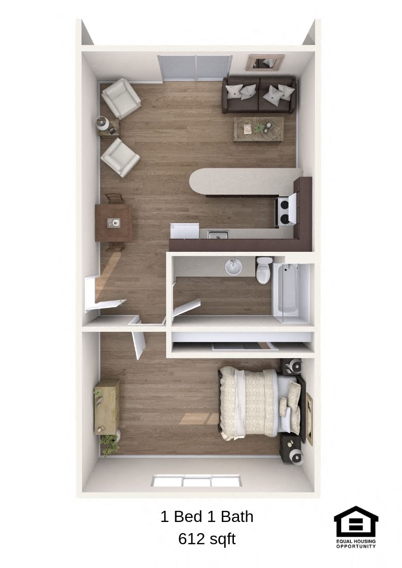 Floor plan for 1 bed, 1 bath, 612 sqft